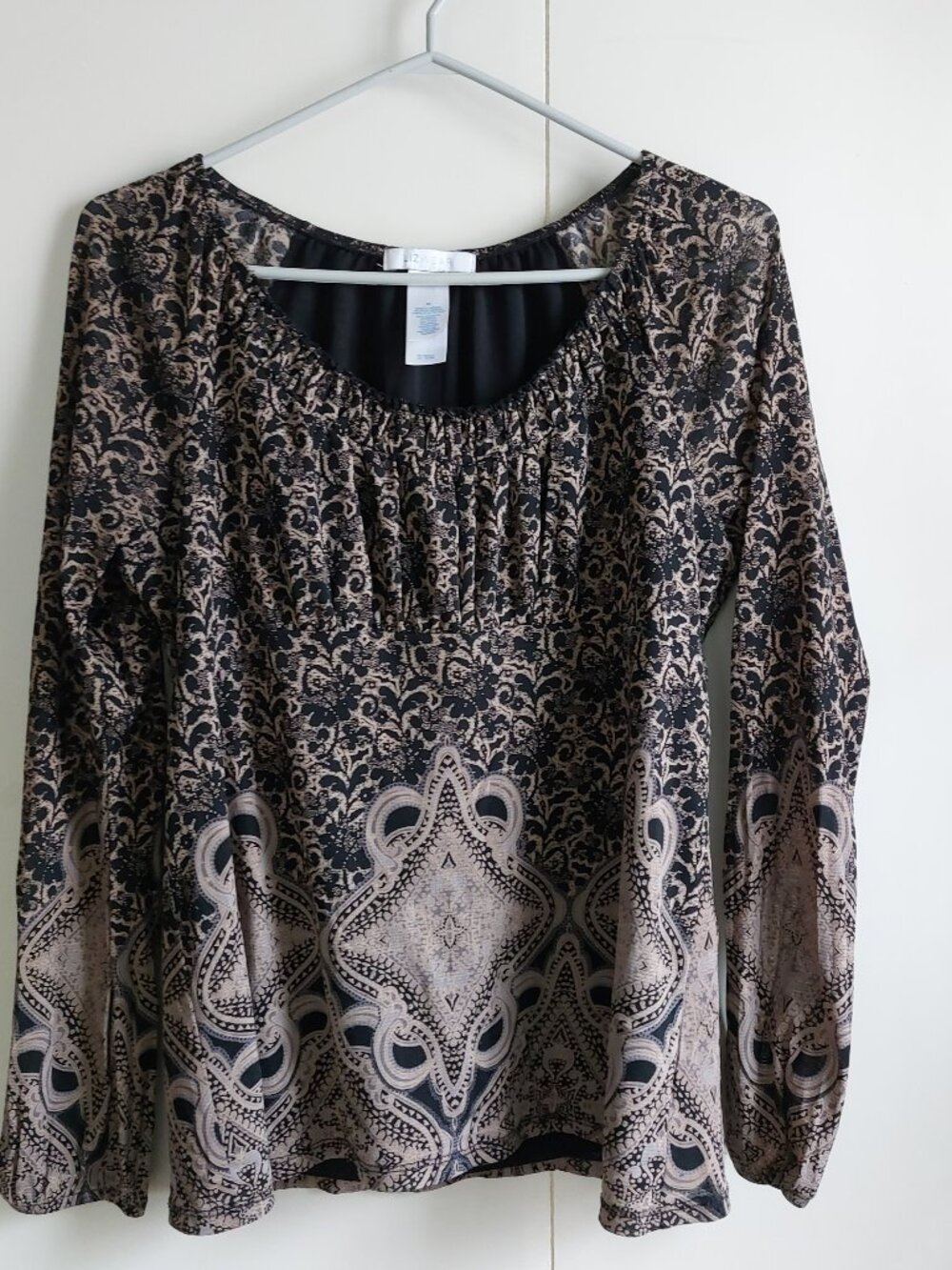 Lizwear Women's Long Sleeve Blouse Black, Beige & Gray Size Medium